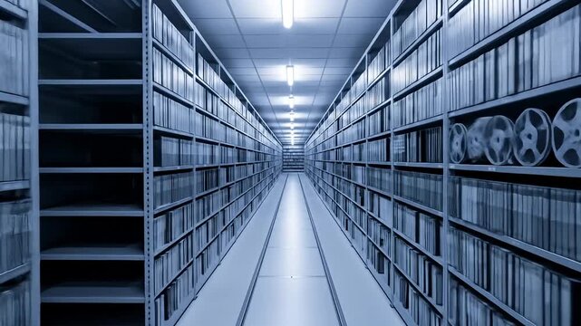Endless rows of shelves filled with books and reels stretch down a long corridor