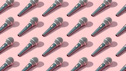 Naklejka premium Symmetrical Grid of Classic Microphones on a Soft Pink Background