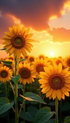 Obraz premium Golden hour sun illuminates tall sunflowers, fiery sunset sky , evening, image, beautiful