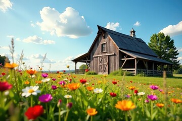 Rustic barn nestled amongst vibrant wildflowers, sun-drenched meadow , orange, sunlight