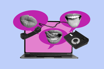Trendy poster art collage of human hands girl guy stand open laptop bubble communication speech...
