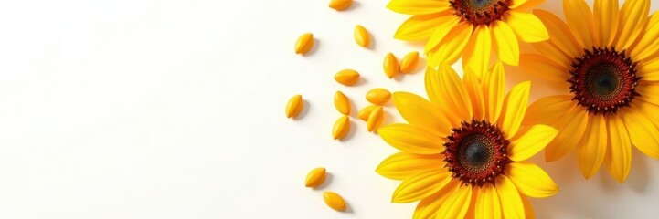 Obraz premium Scattered sunflower seeds, crisp white backdrop, high resolution, clean