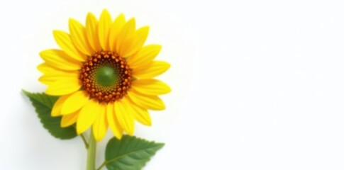 Obraz premium Single sunflower, vibrant yellow petals, white backdrop, green, white background, bright