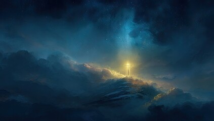 Fototapeta premium Glowing cross atop mountain, starry night sky