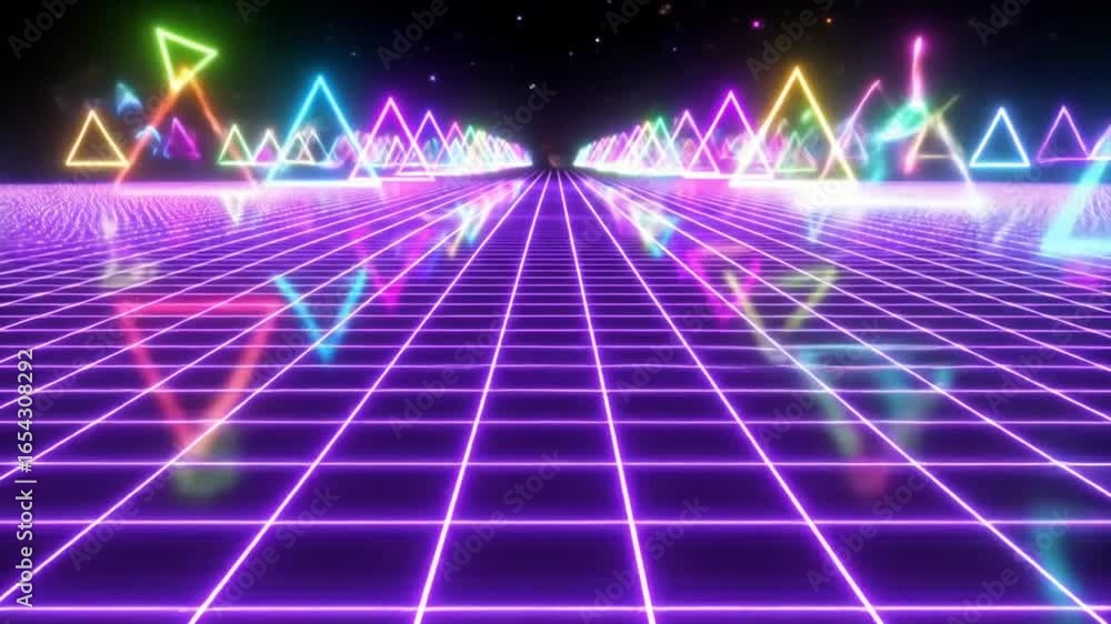 Poster retro neon gridscape: triangles and glowing lines animation
