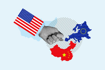 Template sketch trend artwork 3D photo collage of hand getsure fig conflict america vs eu asia...