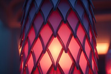 Close-up of a lamp with overlapping, diamond-shaped, translucent panels in shades of pink and purple, glowing with an inner light