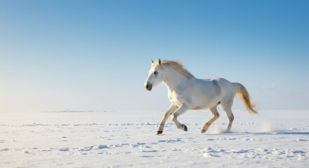 White Horse Galloping Freely Across a Snow-Covered Field Under a Clear Blue Sky