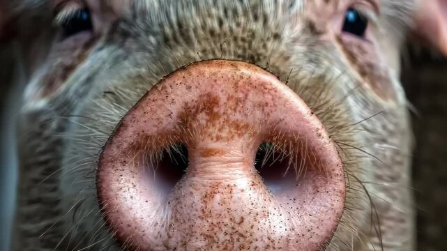 Close-up view of a pig's nose showing its unique texture and features in a farm environment