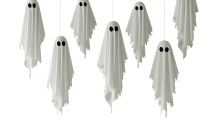 Spooky yet charming white ghost decorations create a playful, whimsical atmosphere for any festive Halloween celebration or party.