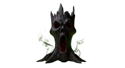 Terrifyingly detailed ancient tree spirit unleashes eerie green mist with glowing red eyes and gaping maw, perfect for fantasy horror themes.