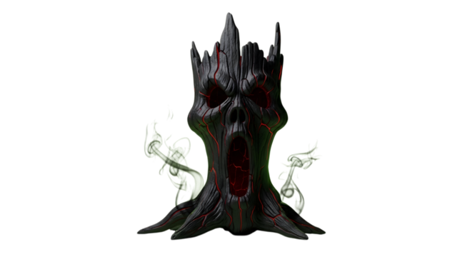 Terrifyingly detailed ancient tree spirit unleashes eerie green mist with glowing red eyes and gaping maw, perfect for fantasy horror themes.