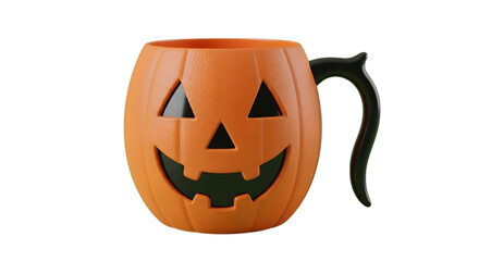 Fototapeta premium Whimsical jack-o'-lantern mug brings festive Halloween spirit and playful charm to any drink or seasonal decor.
