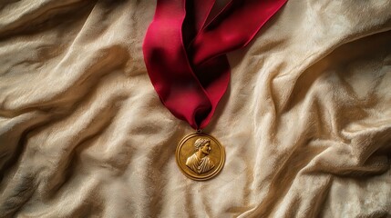 Gold medal resting on soft fabric, symbolizing achievement and success, elegant design suitable for awards or recognition themes.