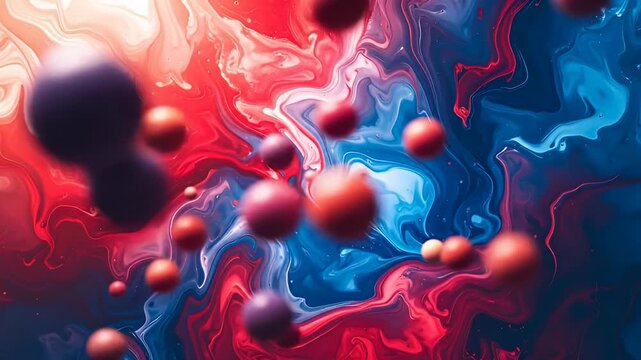 Abstract art shows swirls of red and blue with floating spherical objects