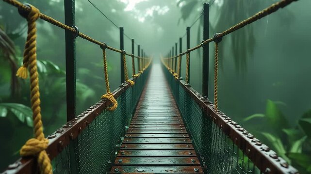 Rope Bridge Jungle Canopy Misty Forest Adventure Path Wooden Walkway Tropical Greenery