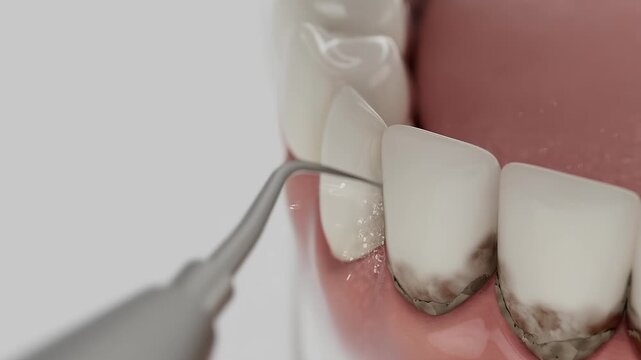 High-quality 3D medical animation showing professional dental cleaning procedure. Close-up of teeth with tartar and plaque removal using ultrasonic scaler