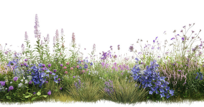 A border of purple and blue wildflowers isolated on transparent background