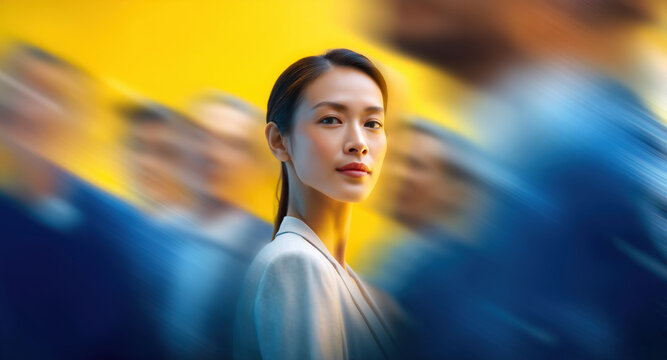Calm composed Asian female centered in moving crowd with dynamic yellow and blue motion streaks - Powered by Adobe