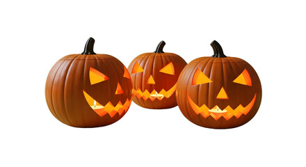 Fototapeta premium Three carved Jack-o'-lanterns glowing with warm candlelight, perfect for spooky Halloween celebrations and festive decorations.
