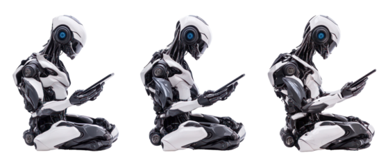 Three Robots In Black And White Holding Mobile Devices On Black Background In A Futuristic Concept