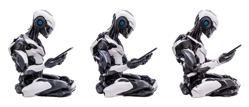 Three Robots In Black And White Holding Mobile Devices On Black Background In A Futuristic Concept