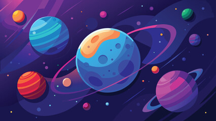 A detailed illustration depicting a cosmic scene with various planets and shining stars scattered across the universe..eps