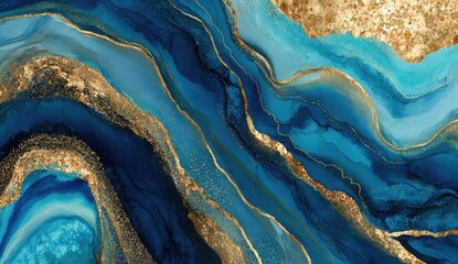 Abstract marbled design with deep blues, turquoise, and gold flecks