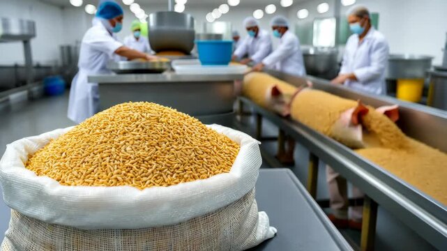 Wheat being processed in a modern facility with pigs in the background at a farm during the day with workers in protective gear