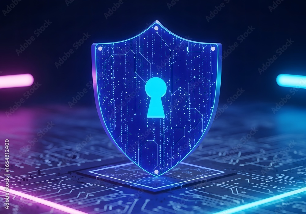 Poster futuristic digital shield with glowing keyhole symbol representing cybersecurity and data protection