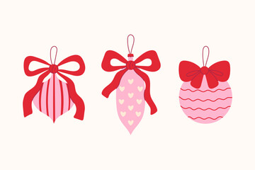 Pink Christmas Ornament with Bow Set. Hand drawn coquette romantic Holiday decoration collection with curly tied ribbons, hearts, stripes, waves. Vector illustration