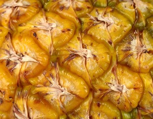 Fototapeta premium Detailed macro shot of a ripe pineapple skin, showcasing its vibrant yellow texture and natural hexagonal pattern as an abstract background