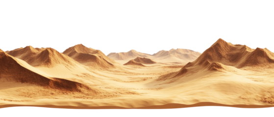 Panoramic View of a Desert Landscape with Sand Dunes and Rugged Brown Mountains against a Transparent Background