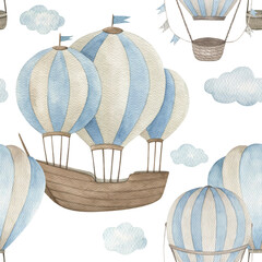 Watercolor baby seamless pattern with hot air balloon,  clouds and kairship. Hand drawn cute  illustration on white background © natikka