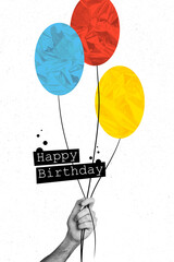 Creative artwork template sketch image collage of hand hold air balloon rope fly congratulations...