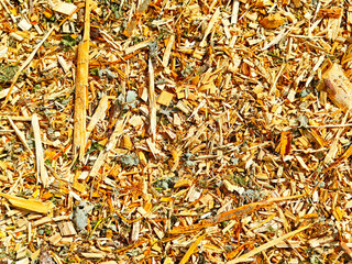 Colorful wood chips create a vibrant texture ideal for landscaping and gardening projects in sunny...