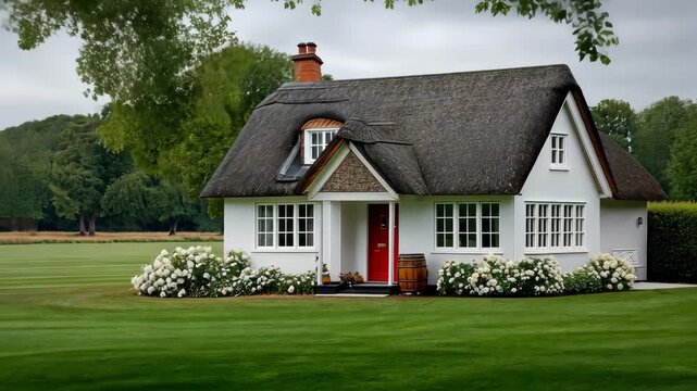 Charming thatched cottage surrounded by lush green lawns and vibrant flowers in a serene countryside setting