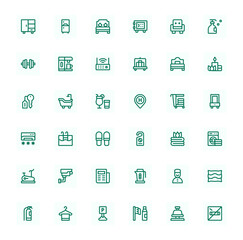 A set of line icons representing various hotel amenities and services, including room features and recreational facilities.