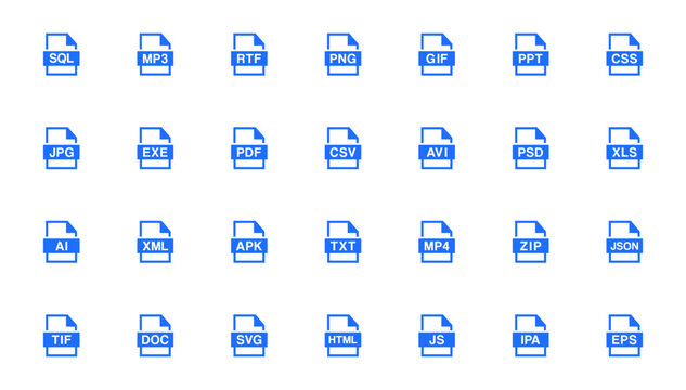 A set of various file format icons in a blue and white style for software and document management.