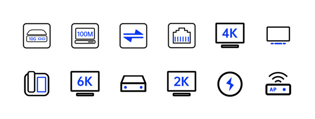 A set of line icons with blue accents, representing various digital devices and networking concepts like resolution and connectivity.