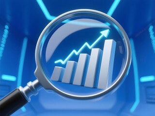 3d render of a magnifying glass with a series of 3d bar charts rising with a subtle upward glowing arrow effect inside the lens.