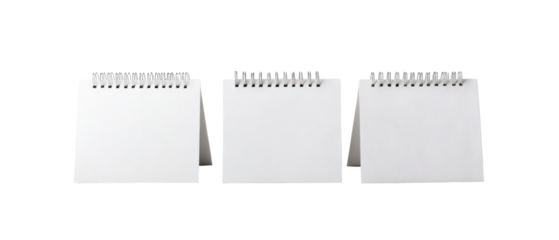 Three White Blank Spiral Notebooks on Transparent Background for Planning and Scheduling Tasks