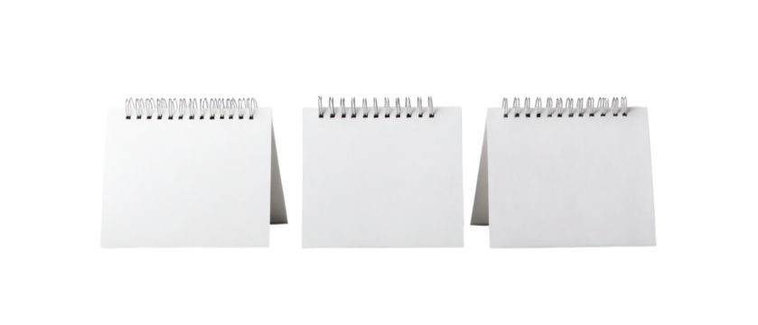 Three White Blank Spiral Notebooks on Transparent Background for Planning and Scheduling Tasks