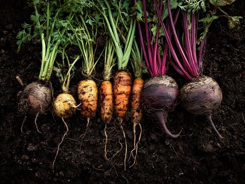 Freshly harvested root vegetables including carrots and beets lying in dark soil with roots and leaves visible