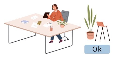 Woman seated in chair at large desk using tablet, surrounded by stationery, potted plants, books, and a modern chair. Ideal for workspace, productivity, focus, remote work creativity