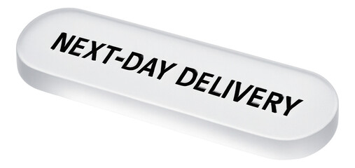 Fototapeta premium White tag sticker with NEXT-DAY DELIVERY offer in bold lettering, clear retail promo offer on transparent background.