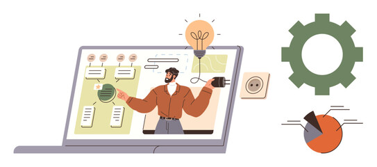 Presenter on laptop screen discussing innovation, workflow, and strategy. Light bulb, gear, pie chart for ideas, progress. Ideal for technology, collaboration education brainstorming strategy