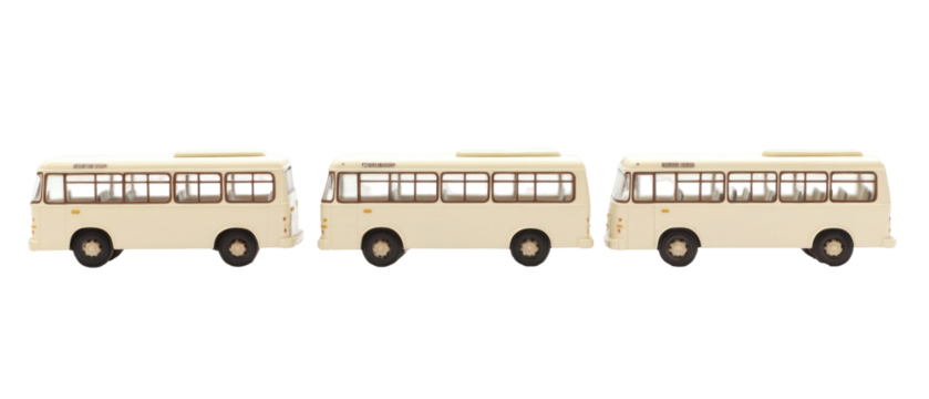 Pixelated Beige Buses Arrayed Sideways Against Transparent Background