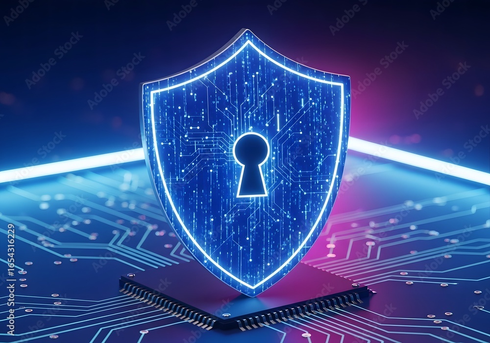 Poster futuristic digital shield with keyhole symbol on a microchip represents cybersecurity and data prote