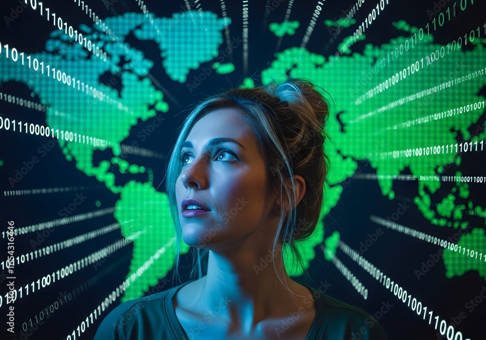 Poster young woman illuminated by digital green light against a glowing binary code world map background